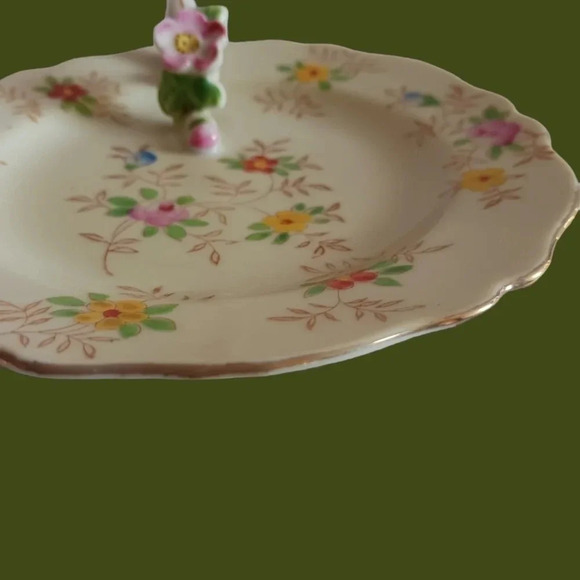 Vtg floral tray trinket dish with handle - Picture 3 of 5